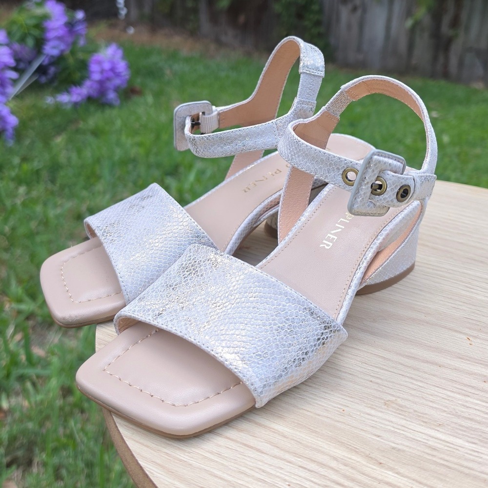 Donald Pliner Silver Snakeskin Leather Block Heel Sandals Square Toe 5.5M